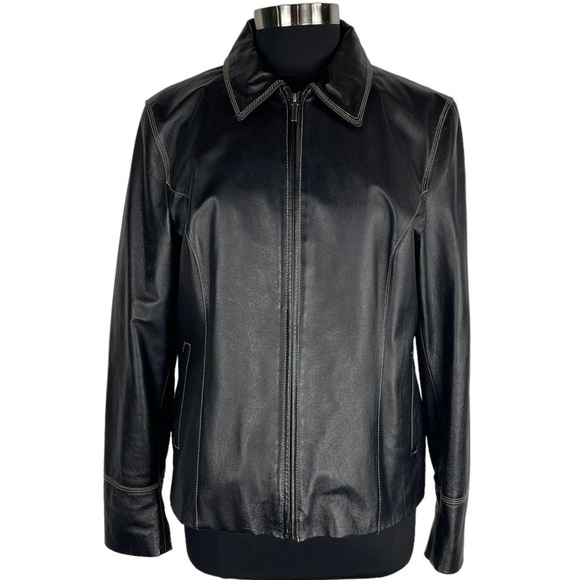 VINTAGE COLEBROOK 90S BLACK LEATHER STITCHED CLASSIC COLLARED ZIP UP MOTO JACKET - Picture 4 of 16